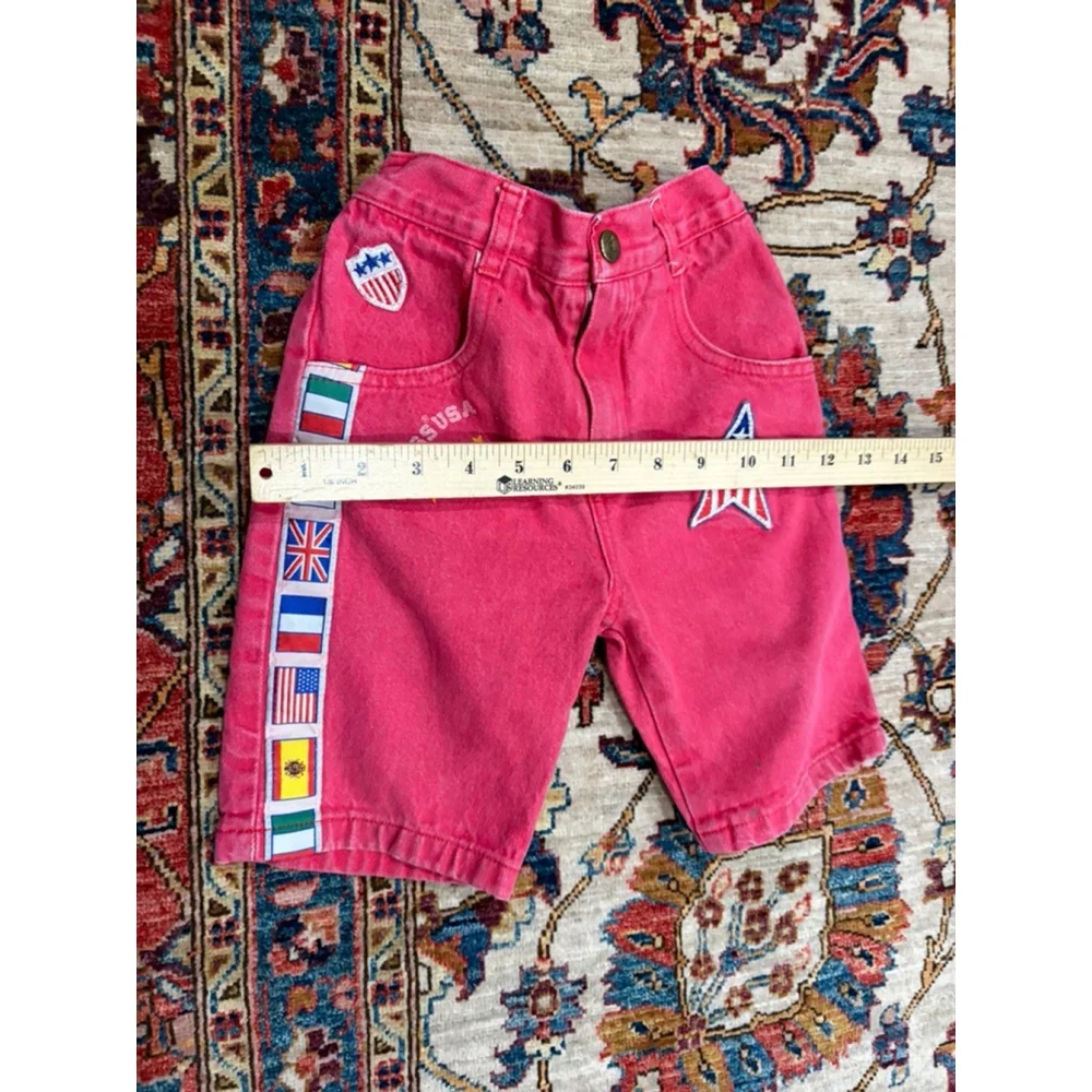 Vintage 90s GUESS USA Kids Flag Patch Denim Shorts Red Stars Stripes 3Y